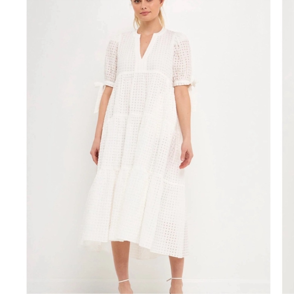 English Factory White Gingham Tiered Midi Dress Bow Tie Sleeves Size Medium